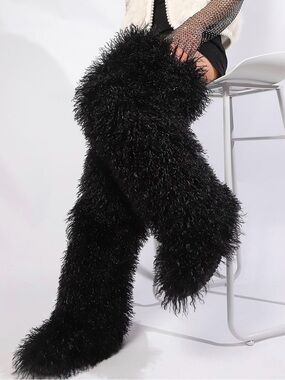 Black Over-the-Knee Faux Curly Shearling Boots Black Thigh High